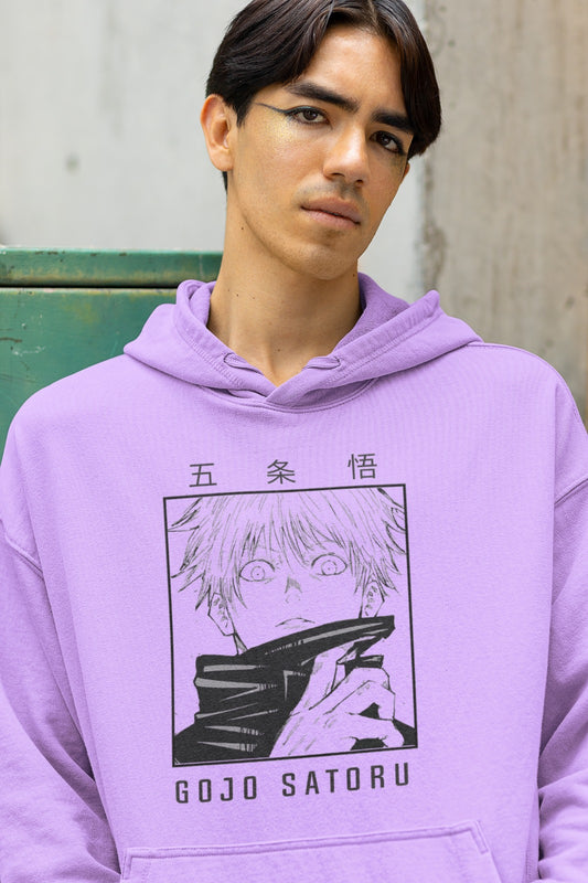 Level up your style with our Lavender Gojo Satoru Oversized Hoodie. This stunning piece features the iconic moment of Gojo Satoru from Jujutsu Kaisen removing his blindfold, his name elegantly written in both Japanese and English. It's not just a hoodie; it's a tribute to this beloved character. Elevate your fashion game and show your Jujutsu Kaisen love with this black and white masterpiece.