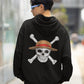 Elevate your style with our Black One Piece Oversized Hoodie. This hoodie showcases the iconic Jolly Roger of the Straw Hat crew, with a large, realistic skull on the back and a detailed anime-inspired logo on the front pocket area. Dive into the world of adventure and camaraderie with this beautifully designed and comfortable hoodie. A must-have for any One Piece fan, it's the perfect way to flaunt your love for this beloved anime. Upgrade your wardrobe and set sail with the Straw Hat Pirates today.