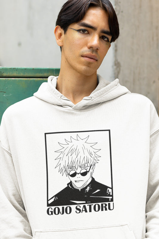 Elevate your style with our White Gojo Satoru Oversized Hoodie. This hoodie showcases a captivating black and white design of Jujutsu Kaisen's enigmatic character, Gojo Satoru, complete with his signature round glasses. Below the image, 'Gojo Satoru' is boldly written in English, making it a standout piece for fans. Comfortable and stylish, this hoodie is a must-have for Jujutsu Kaisen enthusiasts.