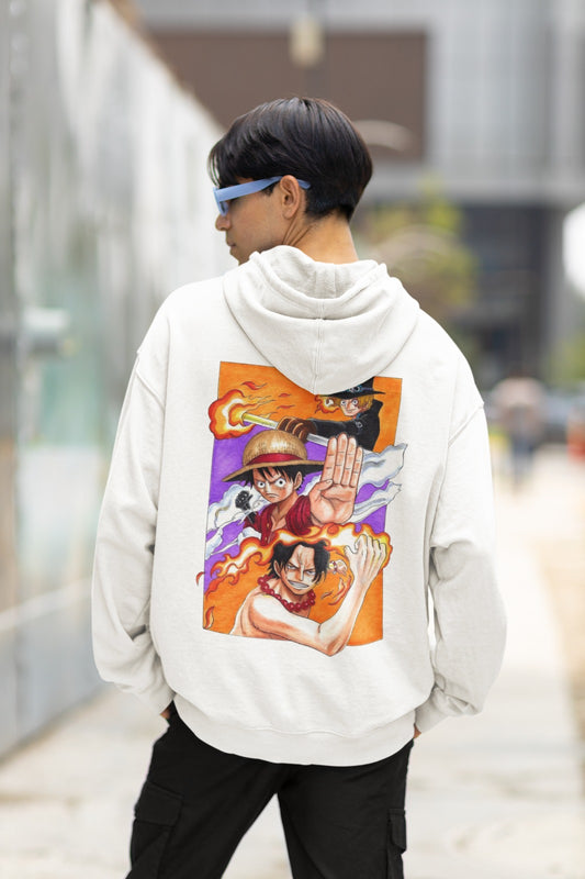 Elevate your style with our White One Piece Oversized Hoodie. This striking hoodie features Sabo, Luffy, and Ace from One Piece in dynamic attack positions. It's perfect for fans of the series and those seeking bold, eye-catching streetwear. Express your love for One Piece with this comfortable and stylish hoodie. Don't miss out on adding this unique piece to your collection.