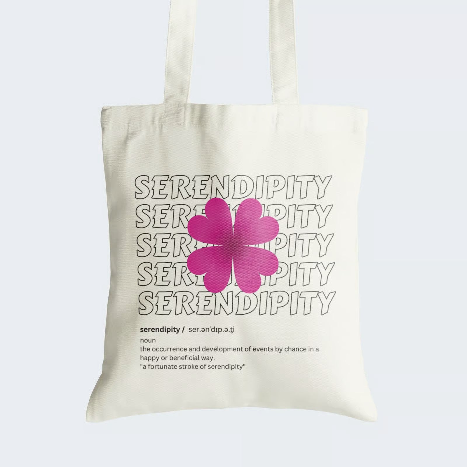 Elevate your style and celebrate serendipity with our "Serendipity Blossom" Cotton Canvas Tote Bag. This tote features "Serendipity" elegantly written five times, accompanied by a pink flower boasting heart-shaped petals. Beneath, discover a dictionary-like definition of "Serendipity," honoring the magic of unexpected moments. Crafted for style and durability, it includes a secure zipper closure for daily convenience. Carry serendipity's charm with our fashionable Tote Bag. Order yours today!