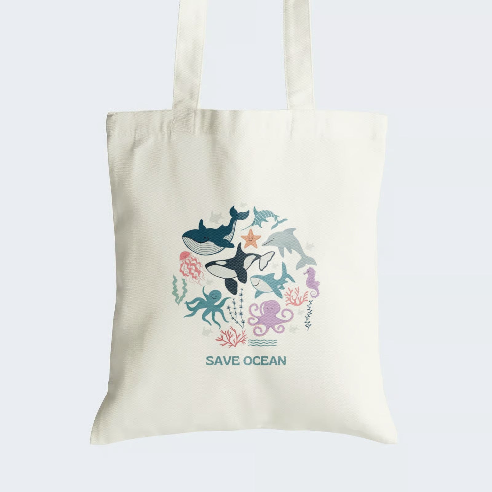 Elevate your style and champion marine conservation with our "SAVE OCEAN" Cotton Canvas Tote Bag. This tote showcases a charming cartoonish circle of marine animals, conveying a vital message to protect our oceans. Crafted for both durability and style, it includes a secure zipper closure for daily convenience. Carry the message of marine life conservation in a fashionable way with our impactful Cotton Canvas Tote Bag. Order yours today and help safeguard our oceans!