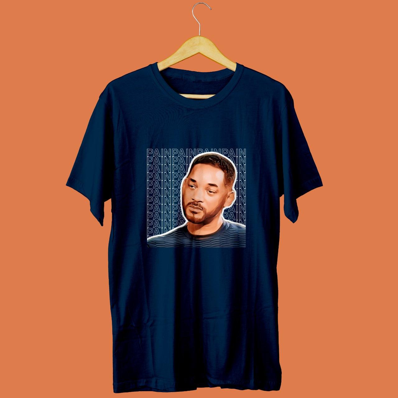 dark blue tshirt with picture of sad will smith printed on it with pain written multiple times in the background, relatable memes
