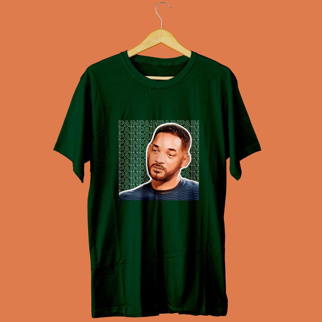 dark green tshirt with picture of sad will smith printed on it with pain written multiple times in the background, relatable memes
