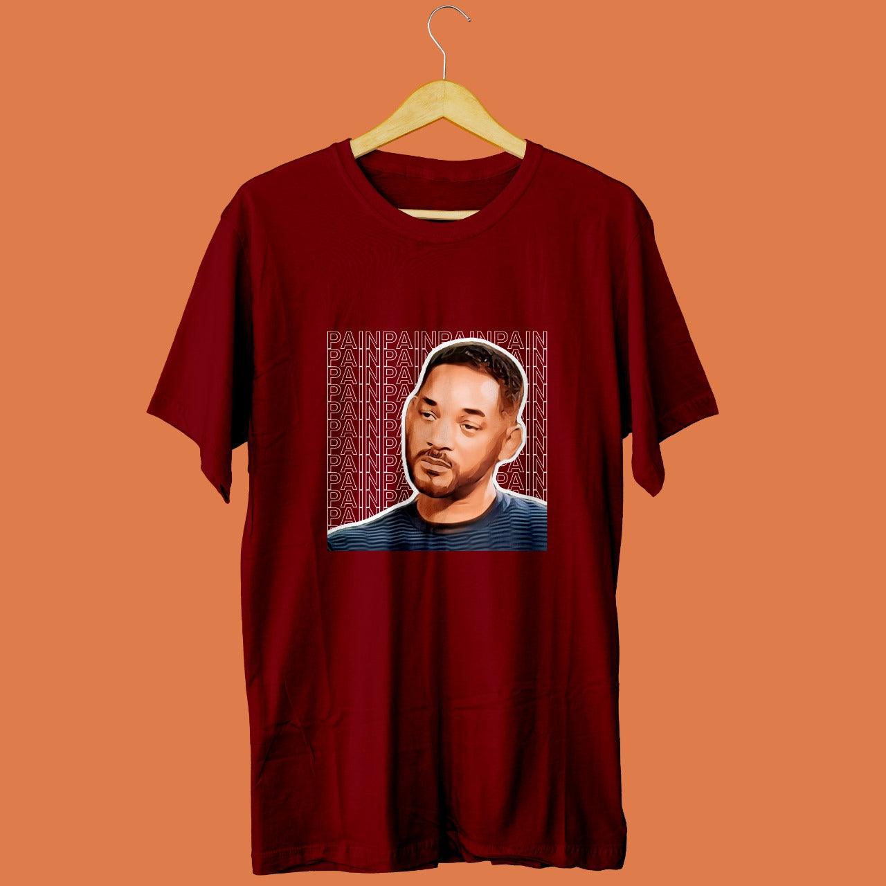 red tshirt with picture of sad will smith printed on it with pain written multiple times in the background, relatable memes