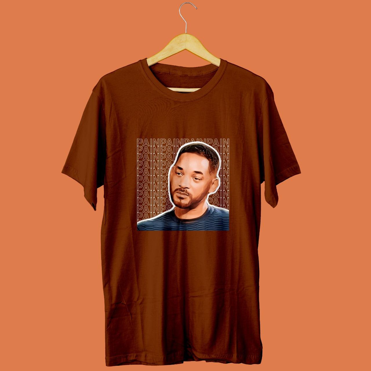 brown tshirt with picture of sad will smith printed on it with pain written multiple times in the background, relatable memes