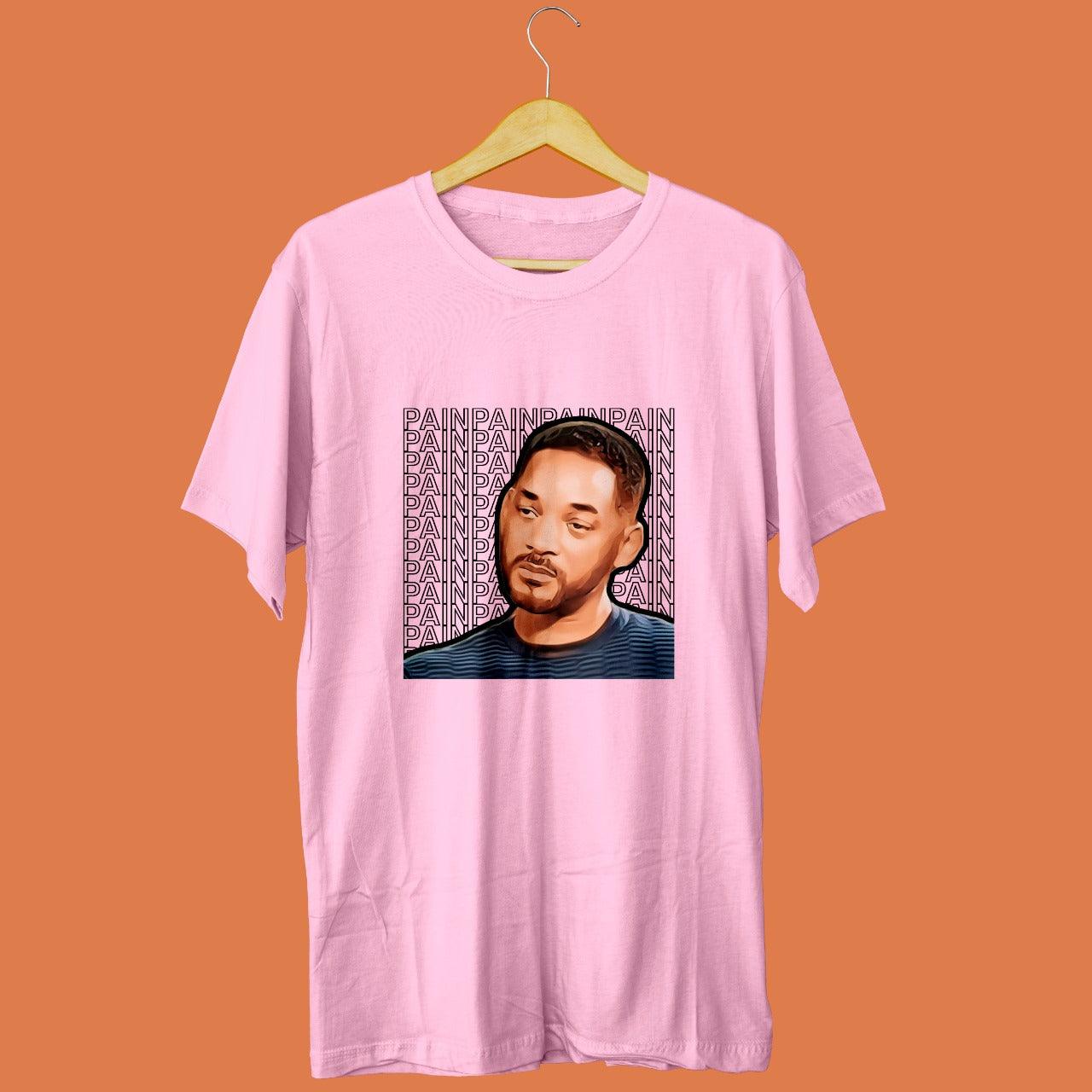 baby pink tshirt with picture of sad will smith printed on it with pain written multiple times in the background, relatable memes