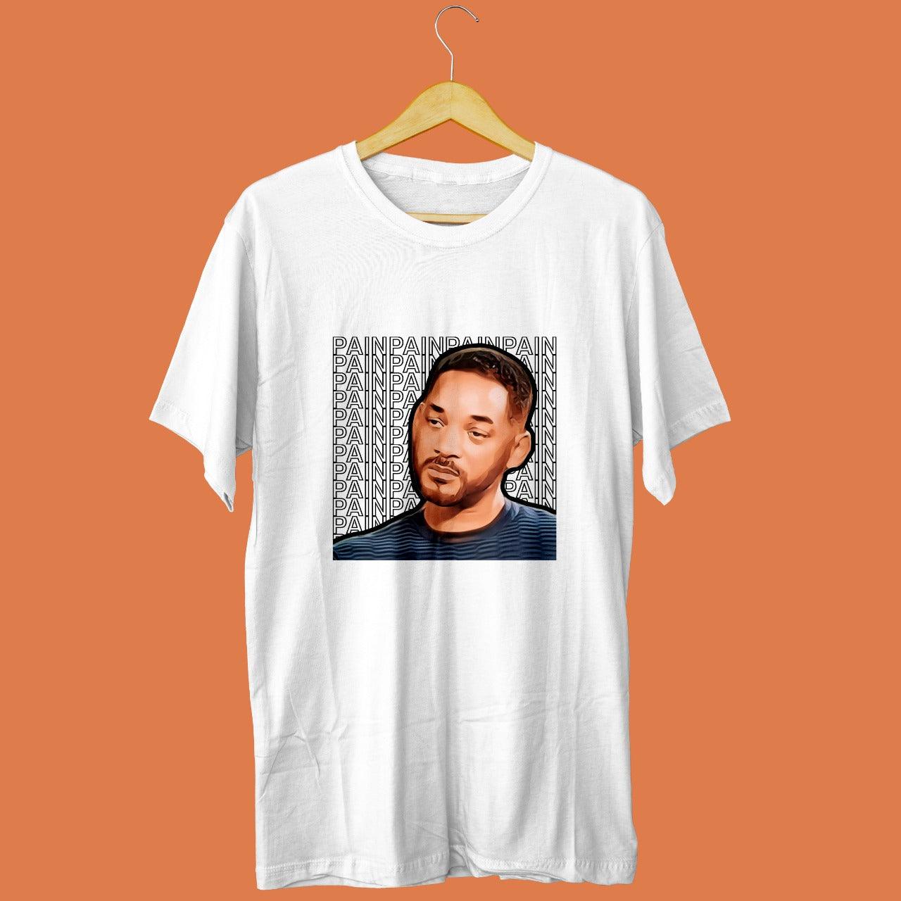 white tshirt with picture of sad will smith printed on it with pain written multiple times in the background, relatable memes