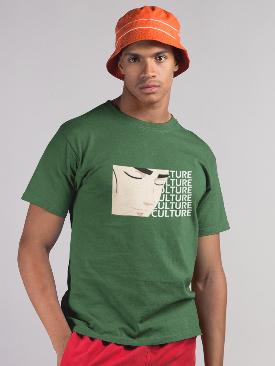 man wearing an orange duffel hat with olive green tshirt with man of culture meme printed on it, anime internet memes