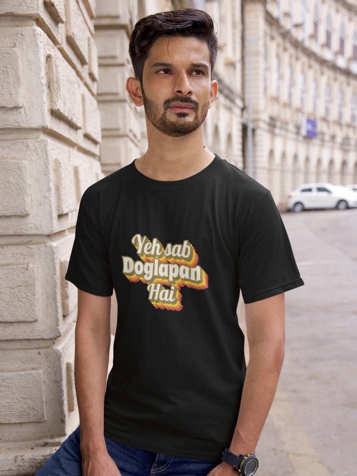 man wearing black tshirt with yeh sab doglapan hai printed on it, shark tank india memes