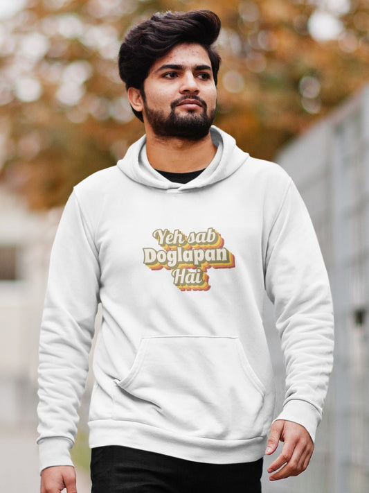 man wearing a white hoodie with yeh sab doglapan hai printed on it, shark tank india memes