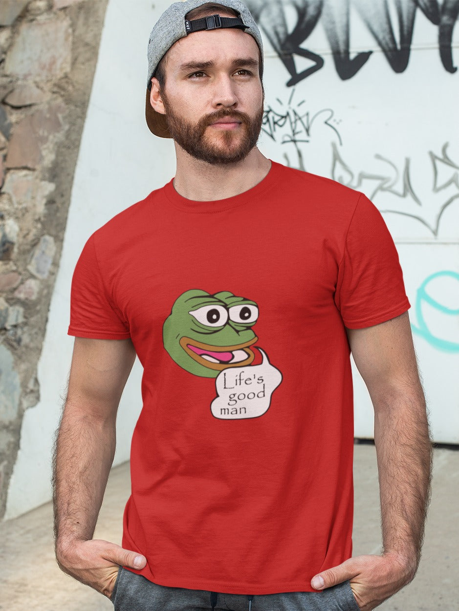 bearded man with cap in reverse wearing a red tshirt with picture of happy Pepe frog saying Life's good man printed on it, relatable funny memes