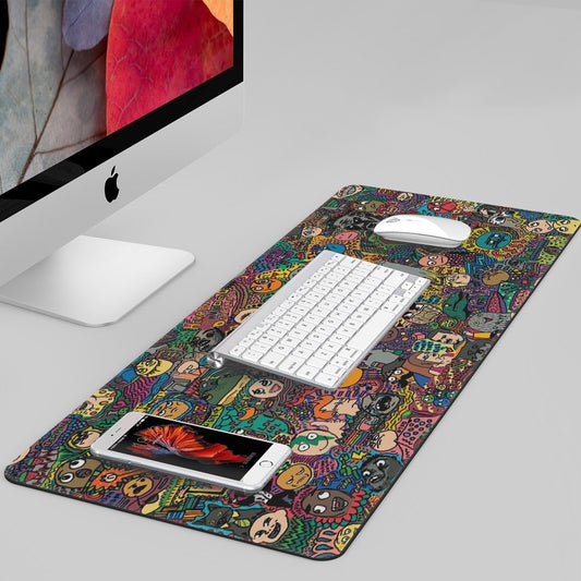 gaming pad with iMac iPhone keyboard and mouse on it with collage of famous internet meme characters printed on it in funky collage