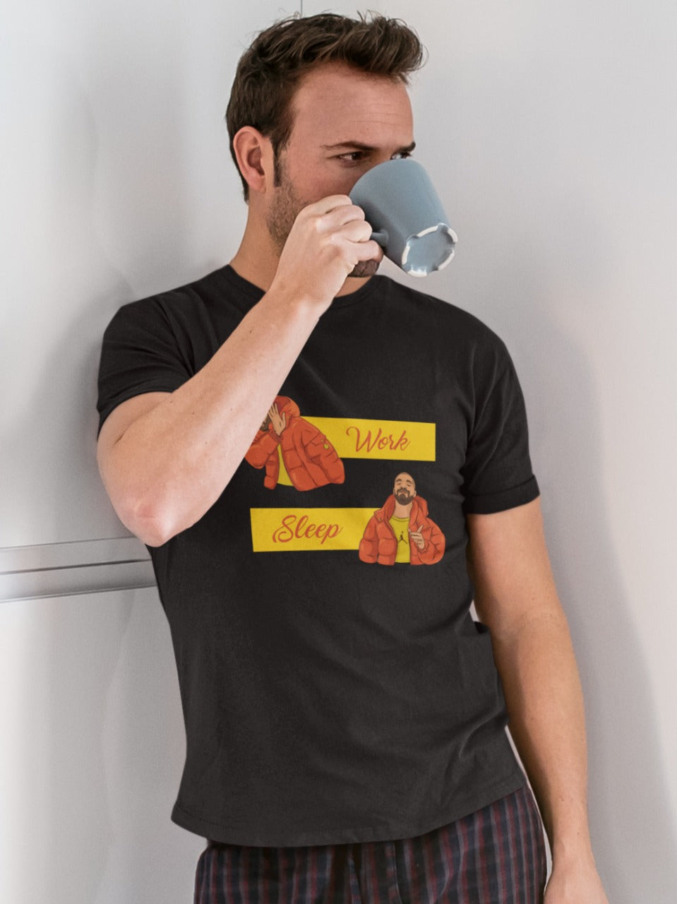 man drinking coffee and wearing a black tshirt with hotline bling meme of drake printed on it with selecting sleep over work, relatable work life memes