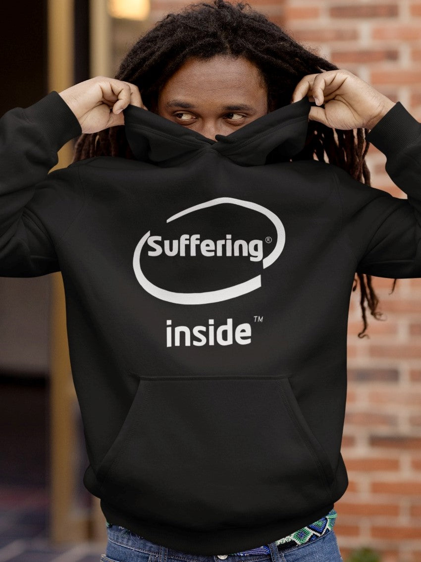man with braided hair wearing black hoodie with suffering inside printed on it like the intel inside logo in white colour