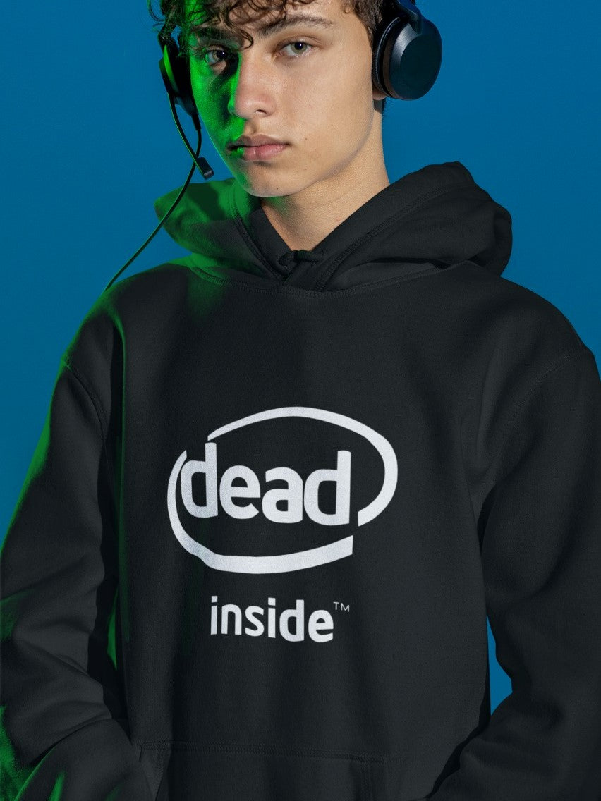 Upgrade your gaming wardrobe with our picture of a guy wearing our black "Dead Inside" hoodie and headphones, featuring a graphic design inspired by the popular meme and Intel Inside logo. Made with high-quality materials, this cozy hoodie is perfect for showing off your love for internet culture and gaming. Order now and join the trendsetting meme enthusiasts and gamers with this unique and stylish design.