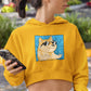 girl wearing golden sunglasses and a yellow crop-hoodie with a shiba inu wearing black shades in a cool pose with both thumbs pointing in forward and shining printed on it, swagger funny memes