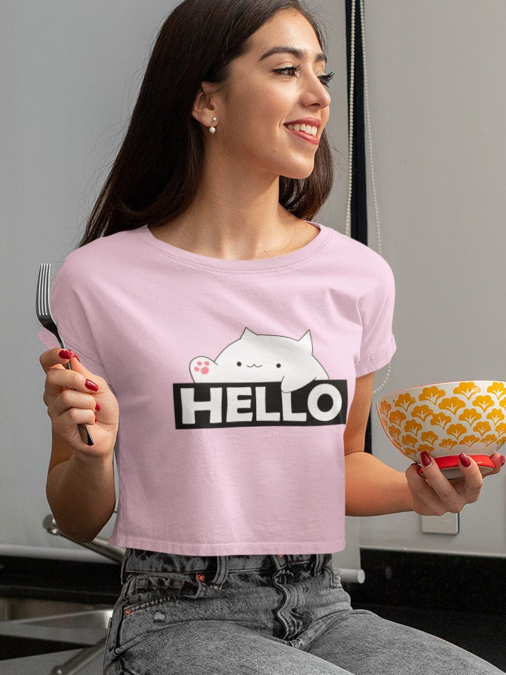 Girl holding a fork and big bowl wearing a baby pink crop top with bongo cat saying hello printed on it, girls holding a bowl and forks in her hands, cute funny memes