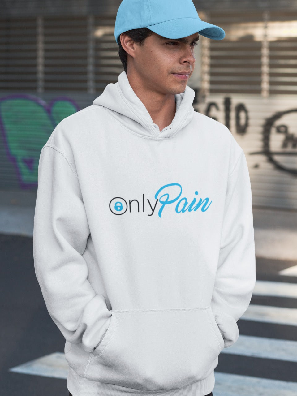 man wearing blue cap and white hoodie with only pain written on it like the onlyfans logo printed on it, relatable sarcastic memes