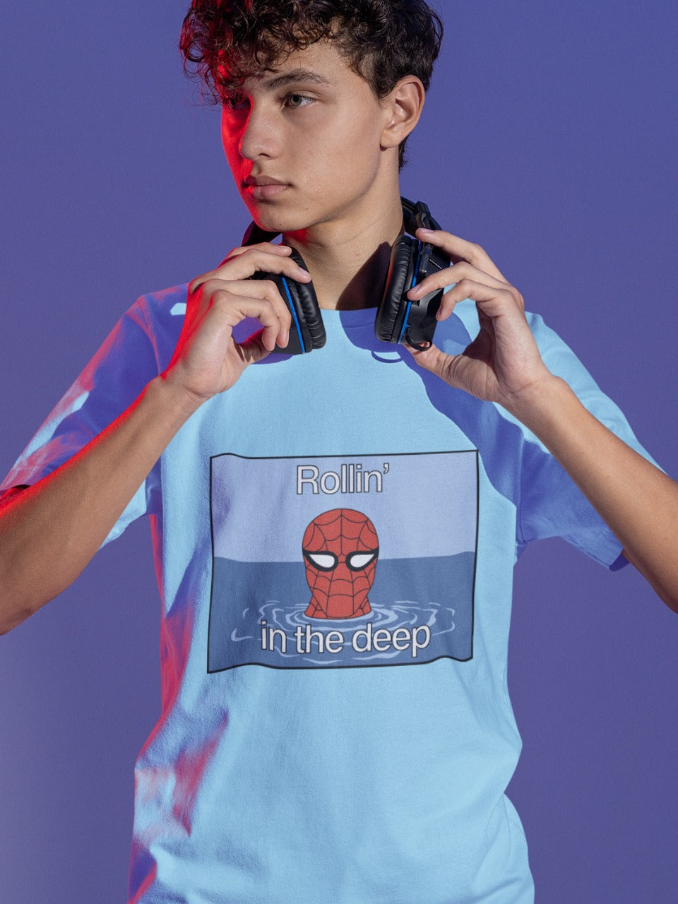 rollin' in the deep tshirt t-shirt tee blue Spiderman meme merchandise depression water drowning depressed