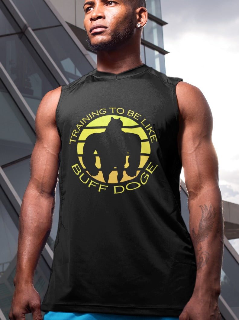 black muscular man wearing a black vest with training to be like buff doge printed on it with the silhouette of buff doge in the middle in yellow colour
