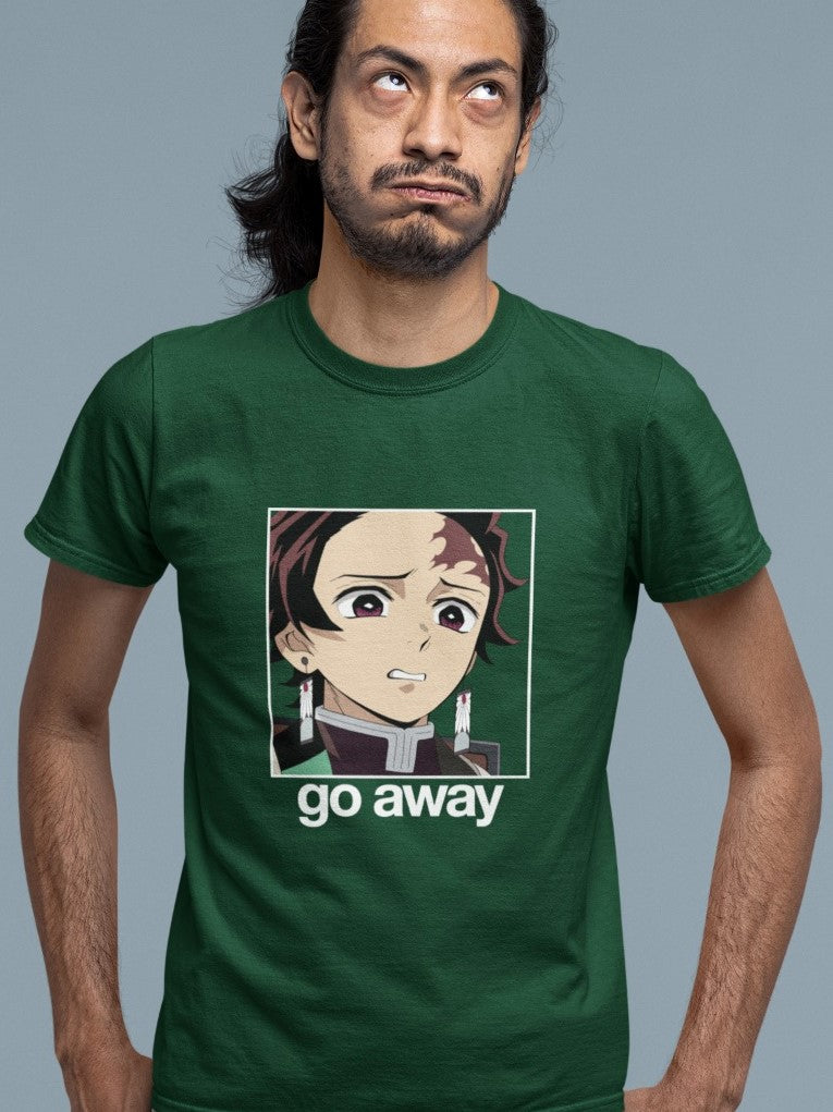 man wearing olive-green tshirt with face of disgusted Tanjiro saying go away printed on it, sarcastic funny anime memes