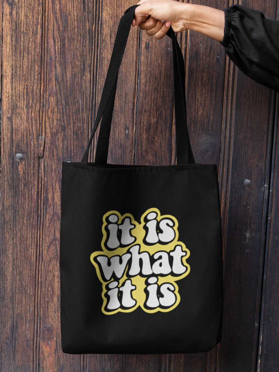 black it is what it is tote bag tote bag tote-bag reuse re-use environment-friendly yellow white