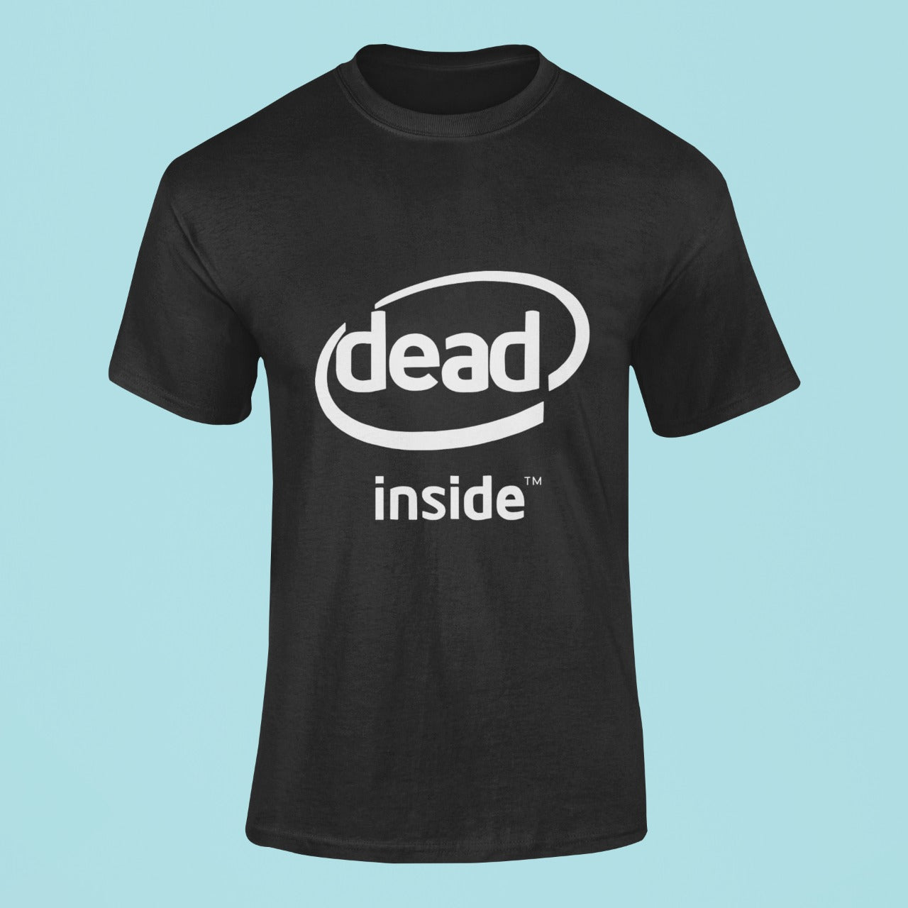 Looking for an edgy and stylish addition to your wardrobe? Our black t-shirt featuring a "Dead Inside" graphic design inspired by the Intel Inside logo is the perfect choice. Made with high-quality materials, it's perfect for making a statement. Order yours today and step up your style game with this bold and unique design.