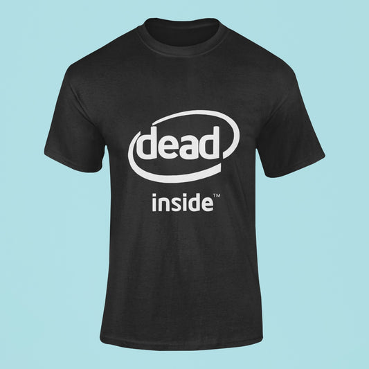 Looking for an edgy and stylish addition to your wardrobe? Our black t-shirt featuring a "Dead Inside" graphic design inspired by the Intel Inside logo is the perfect choice. Made with high-quality materials, it's perfect for making a statement. Order yours today and step up your style game with this bold and unique design.