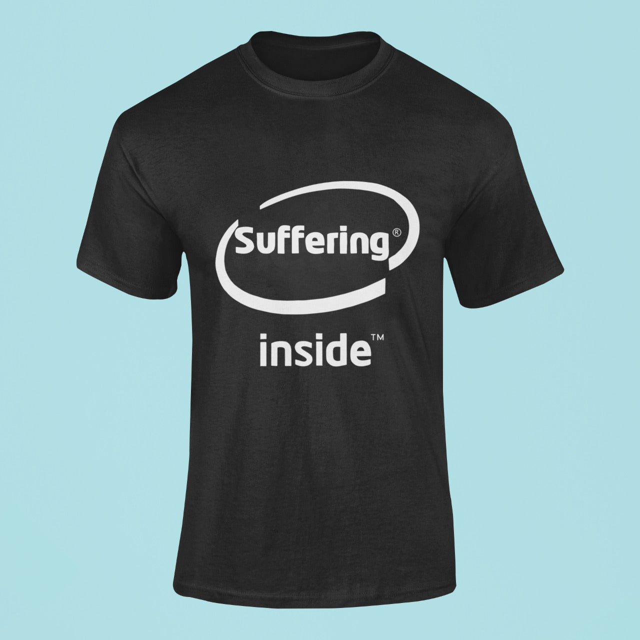 Add some humor to your wardrobe with our black "Suffering Inside" t-shirt, featuring a graphic design inspired by the popular meme and Intel Inside logo. Made with high-quality materials, this edgy shirt is perfect for making a statement and showing off your love for internet culture. Order now and join the trendsetting meme enthusiasts!