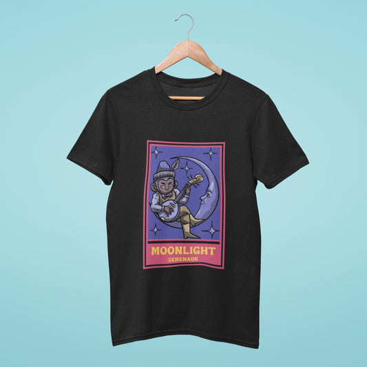 This black t-shirt features a graphic of a man playing a banjo while sitting on a smiling crescent moon with the title "Moonlight Serenade." Perfect for music lovers, this shirt is sure to add some whimsy to any outfit.