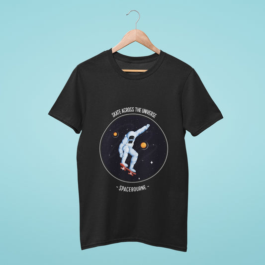 Skate across the universe" with our black t-shirt featuring a spaceborne astronaut skateboarding in zero gravity. Our bold and trendy design is sure to turn heads. Perfect for those who love adventure and skateboarding. Shop now and embrace the thrill of space exploration in style!