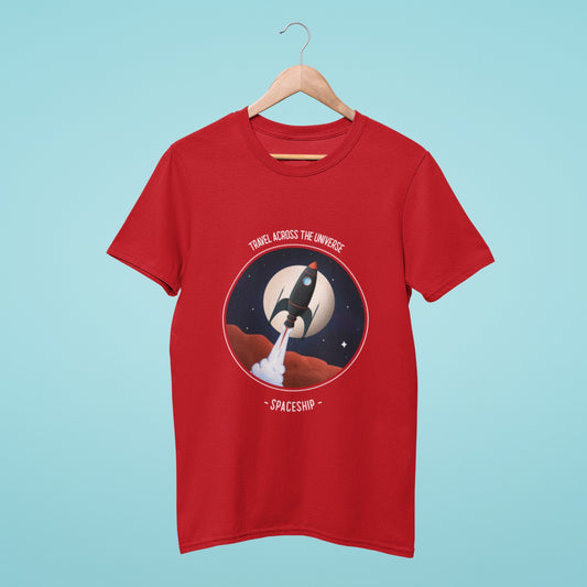Blast off in style with this red t-shirt featuring a graphic of a rocket soaring across the night sky with the slogan "Travel Across Space". Whether you're an aspiring astronaut or a fan of space exploration, this shirt is perfect for you! Get ready to launch your style to new heights.