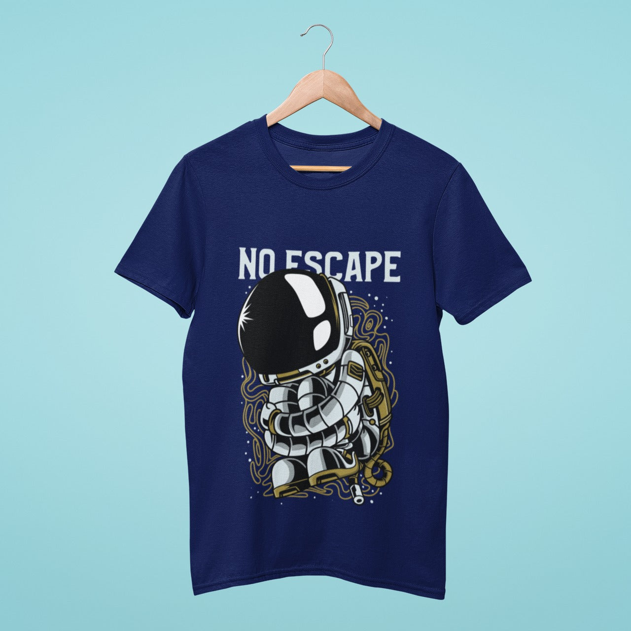 Introducing the "No Escape" t-shirt in cool blue color. Featuring an astronaut in a curled-up position floating in space, this shirt is perfect for anyone with an adventurous spirit. Whether you're an astronaut yourself or just a fan of space exploration, this t-shirt is sure to be a hit. Get yours today and show your love for the final frontier.