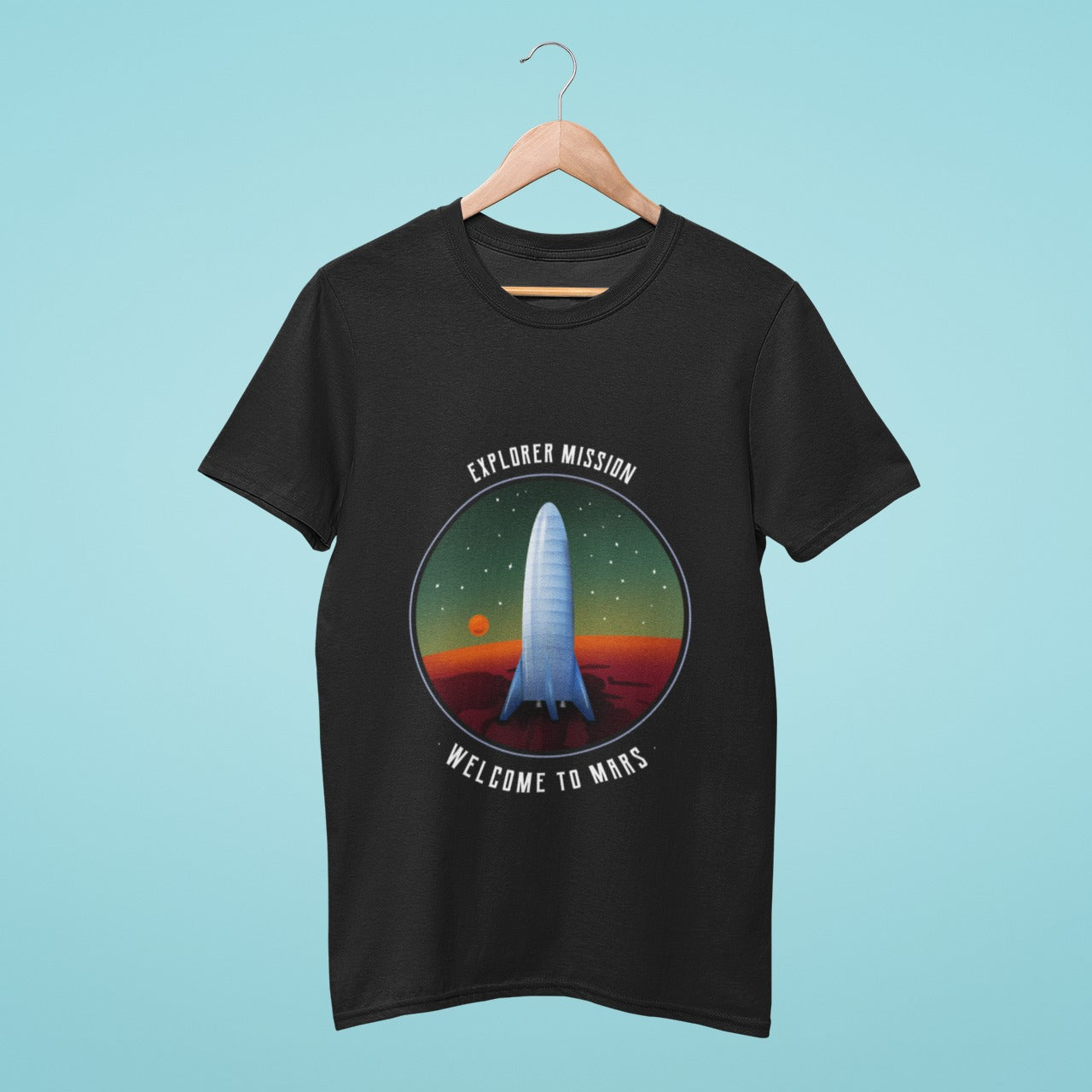 Explore the Red Planet in style with our 'Explorer Mission: Welcome to Mars' t-shirt. Featuring a rocket ready to take off from the Martian surface, this shirt is perfect for space enthusiasts and adventurers alike. Get yours now and embark on your own journey to the stars!