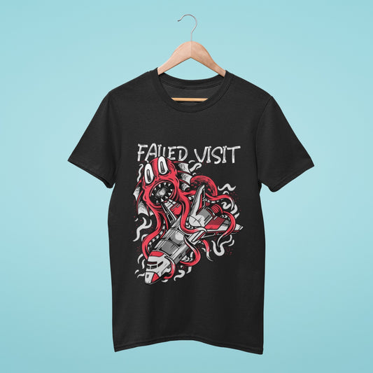 Get ready for an out-of-this-world adventure with our "Failed Visit" t-shirt. Featuring a menacing octopus-like alien attacking a spaceship, this black tee is perfect for sci-fi enthusiasts. The bold title adds to the mystery and intrigue of this unique graphic tee.