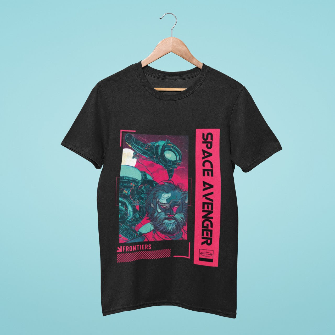 Looking for a bold and stylish look? Check out our black Space Avenger t-shirt featuring a sleek and futuristic spaceship design and a mysterious hairy-faced humanoid. With its eye-catching graphics and unique style, this shirt is perfect for any space enthusiast or sci-fi fan. Wear it to your next gaming or movie night and feel like a true space avenger!