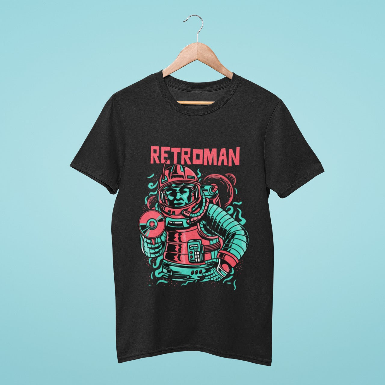Show off your love for all things retro with this black Retroman t-shirt. Featuring a space-suited man armed with a CD-like gun, it's perfect for fans of classic gaming and sci-fi. Wear it to show your appreciation for the classics, and let everyone know that you're a true retrogaming enthusiast.