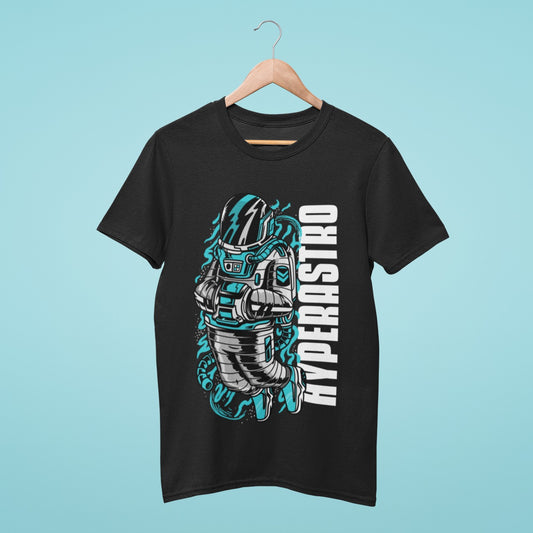 Add some cosmic style to your wardrobe with our black t-shirt featuring a striking design of an astronaut floating in electric blue space, with the title "Hyperastro". Perfect for space aficionados and those who love bold fashion. Made from high-quality materials, this comfortable and durable t-shirt is a must-have. Order now and show off your love for the cosmos!