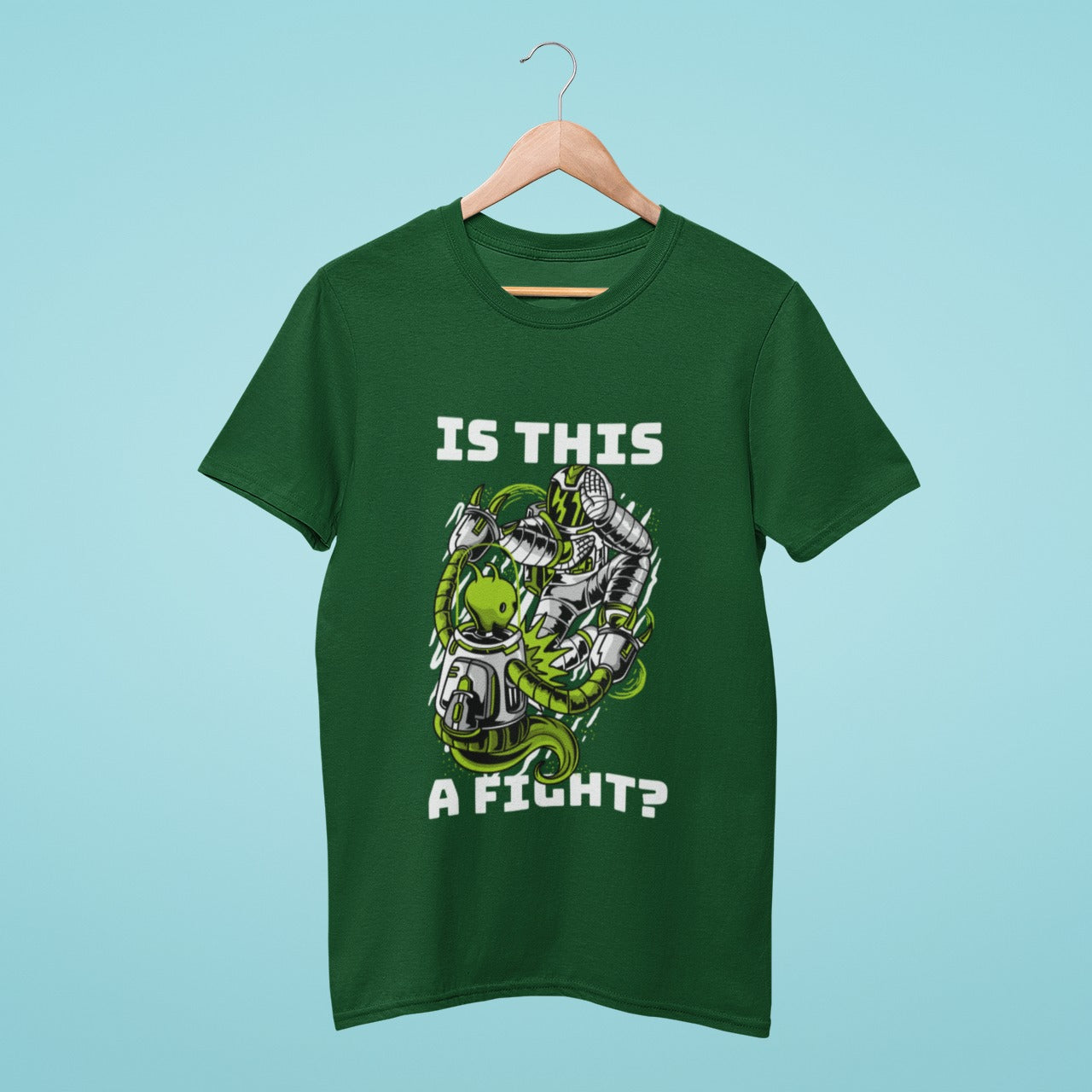 Elevate your fashion game with our green t-shirt featuring a striking design of an astronaut and an alien in combat, with the question "Is This a Fight?". Perfect for sci-fi enthusiasts and those who love bold fashion. Made from high-quality materials, this comfortable and durable t-shirt is a must-have. Order now and show off your love for intergalactic battles!