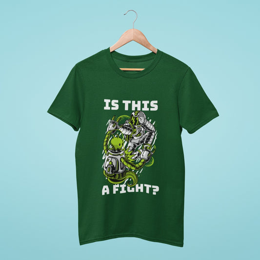 Elevate your fashion game with our green t-shirt featuring a striking design of an astronaut and an alien in combat, with the question "Is This a Fight?". Perfect for sci-fi enthusiasts and those who love bold fashion. Made from high-quality materials, this comfortable and durable t-shirt is a must-have. Order now and show off your love for intergalactic battles!