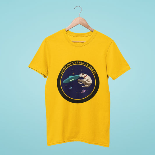 Add some playful charm to your wardrobe with our yellow t-shirt featuring a delightful design of a dog playing with a UFO in space, with the slogan "Good Boys Fetch in Space". Perfect for dog lovers who also love fun, lighthearted fashion. Made from high-quality materials, this comfortable and durable t-shirt is a must-have. Order now and show off your love for furry friends and the cosmos!