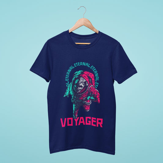 Take your style to new heights with our navy blue t-shirt featuring a unique design of a skeleton in a spacesuit with a halo made of the word "eternal" and "voyager" written below. Perfect for space enthusiasts and those who love edgy fashion. Made from high-quality materials, this comfortable and durable t-shirt is a must-have. Order now and elevate your wardrobe to the cosmos!