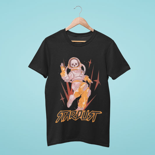 Add some interstellar flair to your wardrobe with our black t-shirt featuring a female skeleton in a spacesuit and "stardust" written below. This unique and eye-catching design is perfect for space enthusiasts and fashion-forward individuals alike. Made from high-quality materials, this comfortable and durable t-shirt is a must-have. Order now and elevate your style to the cosmos!