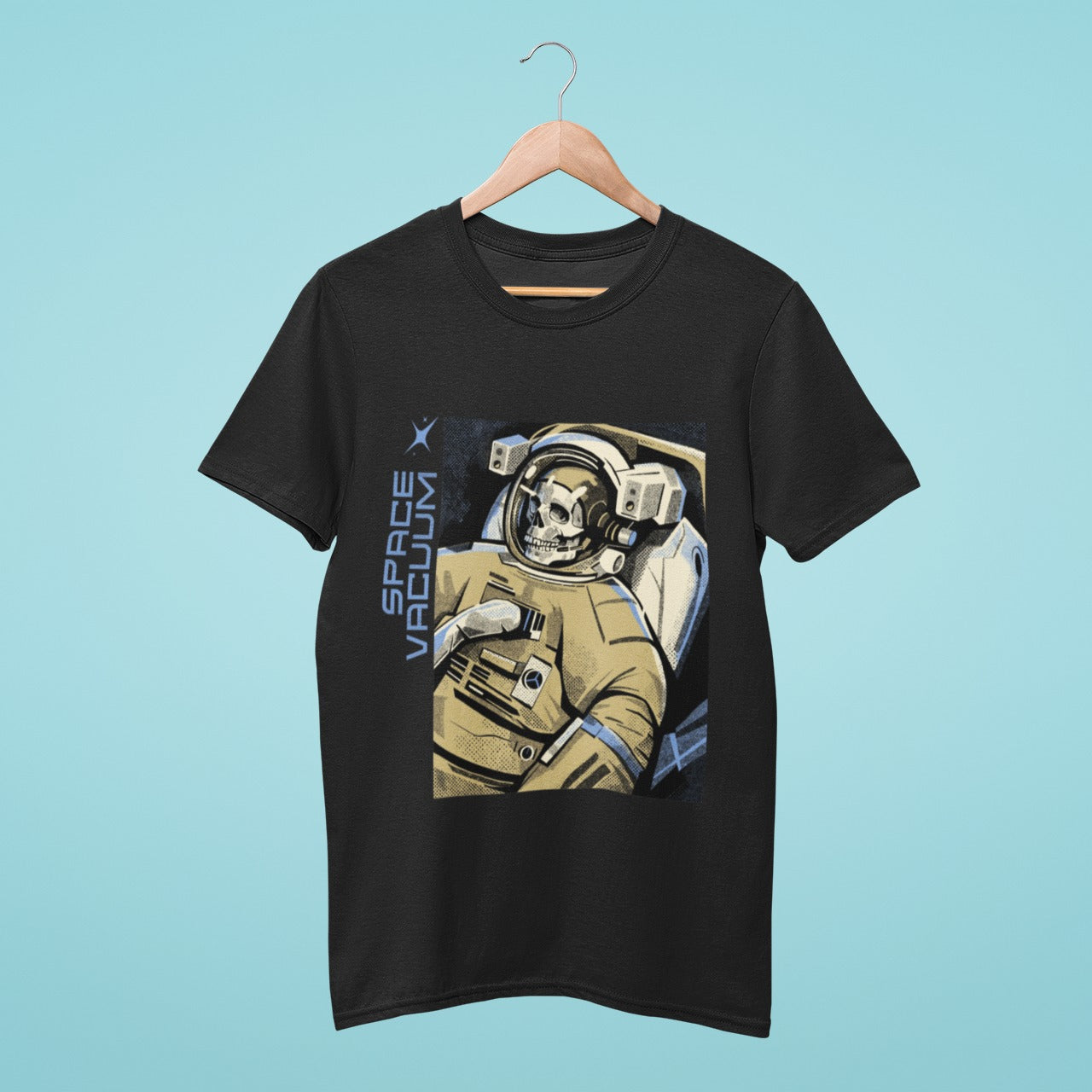 Elevate your wardrobe with our unique black t-shirt featuring a striking beige spacesuit and space vacuum design with a skull. This comfortable, durable t-shirt is perfect for space enthusiasts and anyone who loves edgy fashion. "Space vacuum" is written on the side, making it a must-have for anyone who loves all things cosmic. Order now!