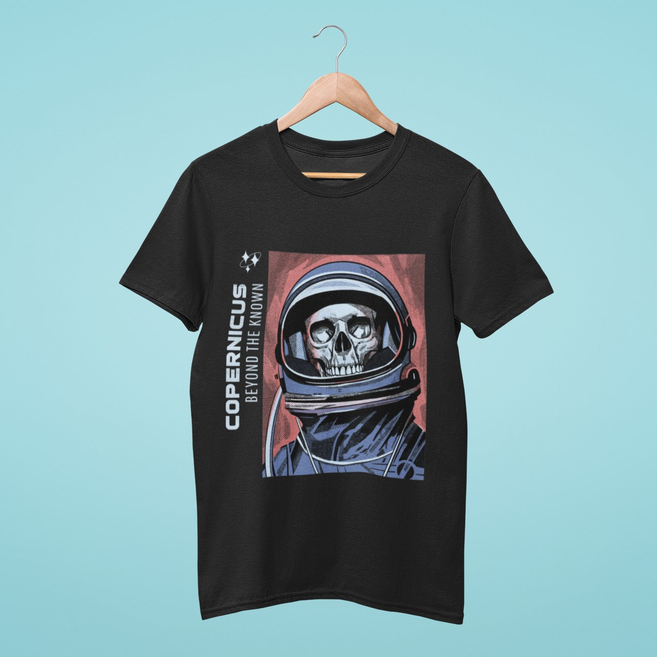 Unleash your inner explorer with our black t-shirt featuring a skull in an astronaut helmet and the phrase "Copernicus Beyond the Unknown" written on the side. Perfect for space enthusiasts, this high-quality t-shirt is great for casual outings or as a gift. Add some edge to your wardrobe with this unique and creative design, and order now!
