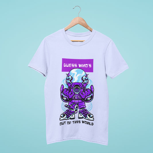 Get the perfect space-themed t-shirt. Lavender with a stunning purple spacesuit design and "Out of this World" quote. High-quality, comfortable and perfect for space lovers. Make a statement and show your love for the universe. Order now!