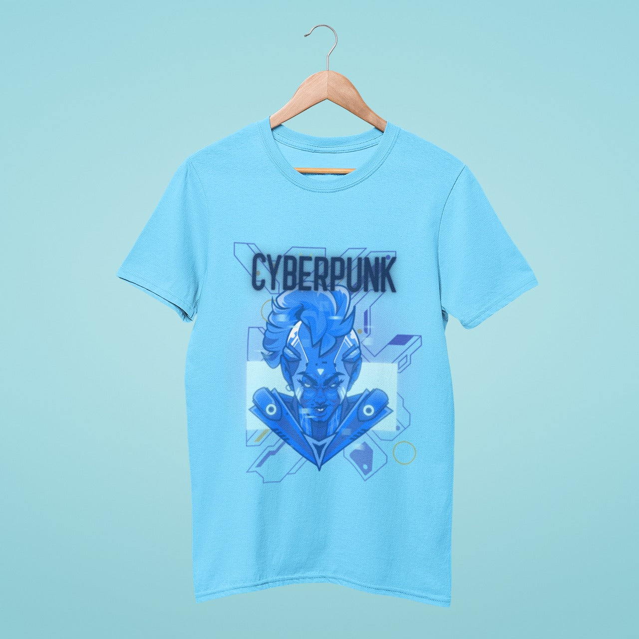 "Cyberpunk" title with a futuristic face design. Get this blue t-shirt to express your love for cyber-themed fashion and technology-inspired clothing.