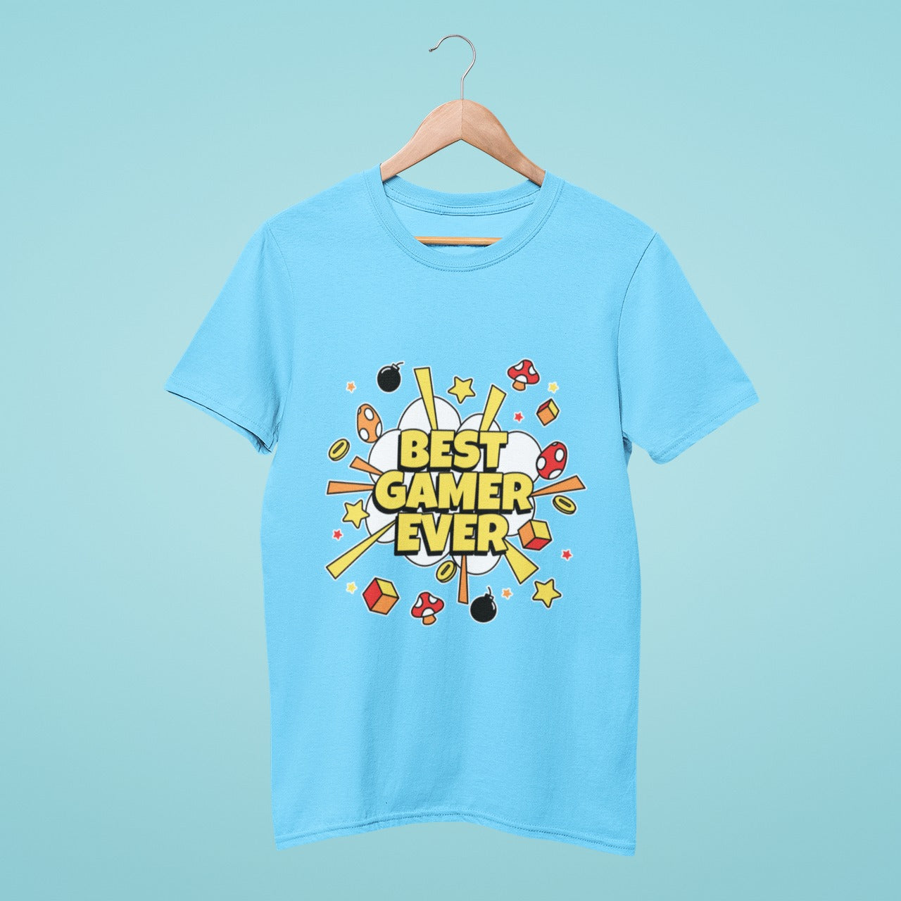 Be the Best Gamer Ever with our blue t-shirt featuring bold "Best Gamer Ever" text and an exploding confetti design. Perfect for showcasing your gaming prowess and style. Shop now!