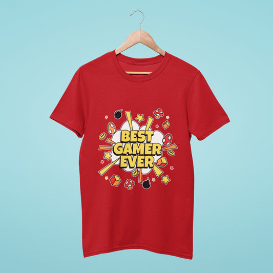 Be the Best Gamer Ever with our red t-shirt featuring bold "Best Gamer Ever" text and an exploding confetti design. Perfect for showcasing your gaming prowess and style. Shop now!